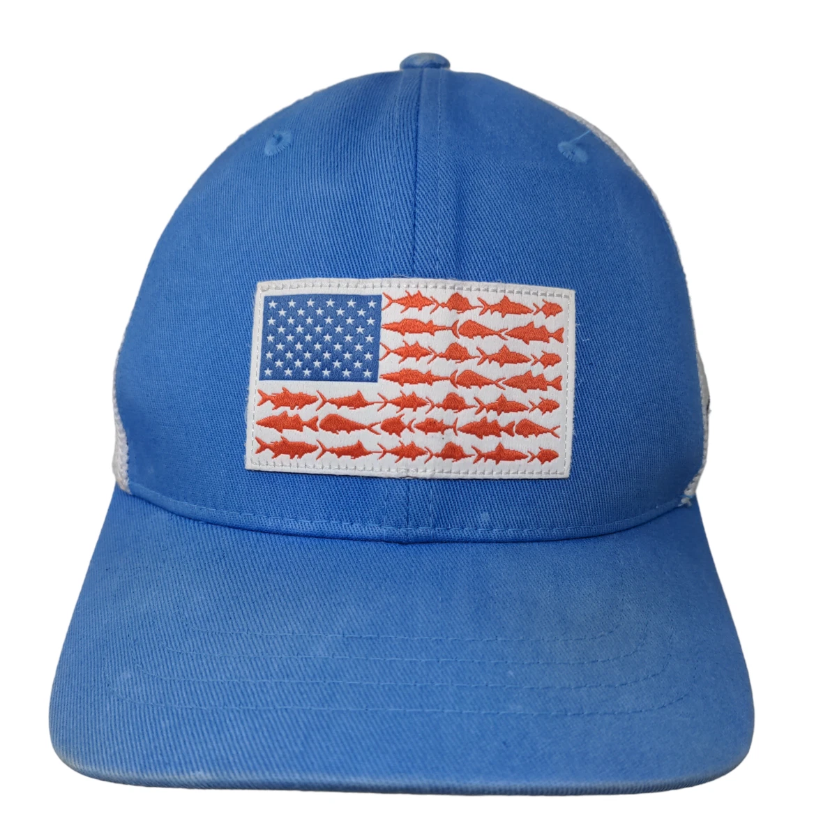 Columbia PFG Boys Mesh Back Hat Blue White OS American Flag Fishing Logo