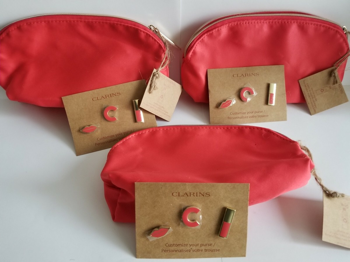 CLARINS CORPORATE PURSE ポーチ CLARINS PINK COSMETIC TRAVEL BAG WITH CLARINS LOGO PINS . BUY 1,2
