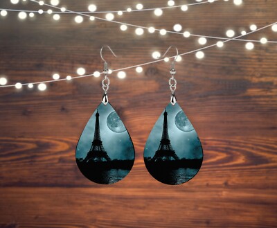 Moon Over Paris Tear Drop Earrings Wood Dangle Earrings Hypoallergenic