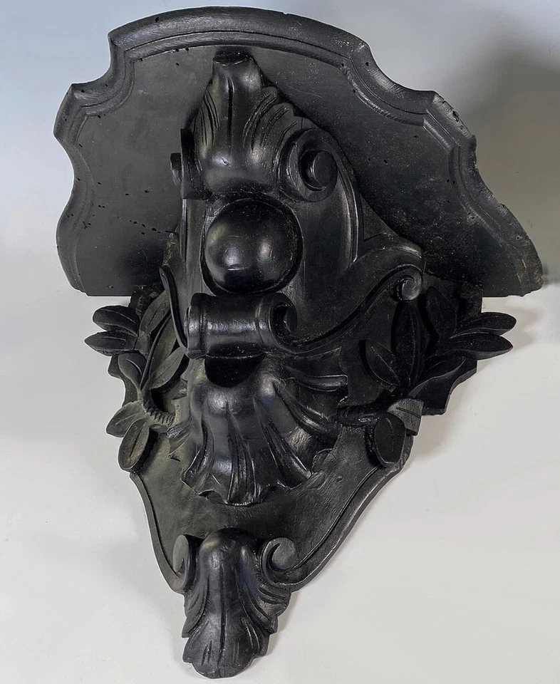 Par de estantes de pared grandes antiguos franceses tallados de madera de 13,5" x 11", estante con soporte Foto 3 de 4