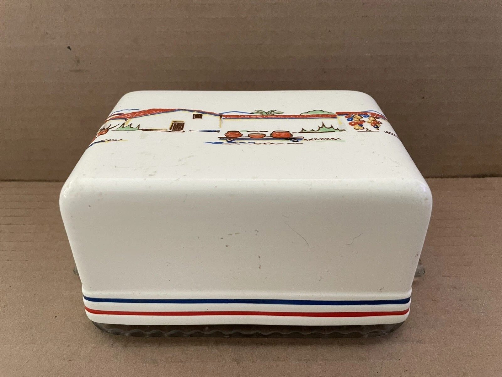 Vintage HARKER POTTERY Mexicana Covered Butter Dish w/ Glass Base