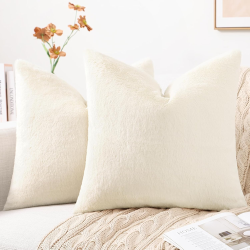 Faux Fur Plush Throw Pillow Covers 18X18 Set of 2, Luxury Soft Fluffy Cozy Decor