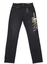 Ed Hardy Slim Jeans Denim 5 Pocket Embroidered Skull Snake Panther Black Stretch