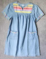 Go Softly Patio Women's Short Sleeve Mumu Midi Dress Rainbow Striped Chambray L