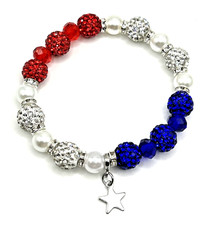 7" American Flag USA Patriotic Red/White/Blue Glass Rhinestone STRETCH Bracelet