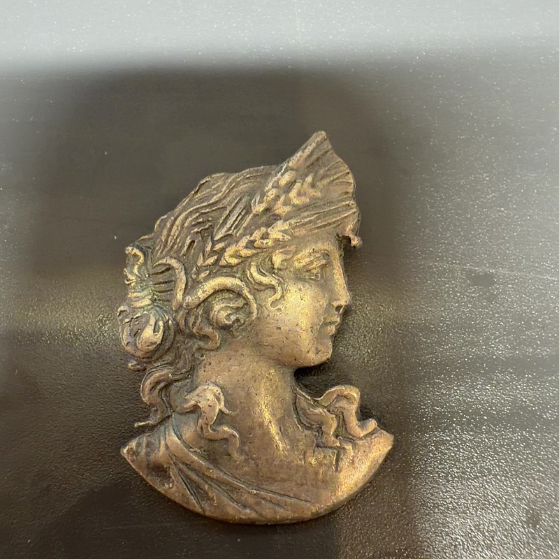 Vintage Cameo Brooch Pin Classical Goddess Portrait Bronze art deco silver