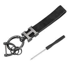 Car Key Chain Ring Clip 5.2" Leather Keychain Key Fob with D Ring, Black Gray