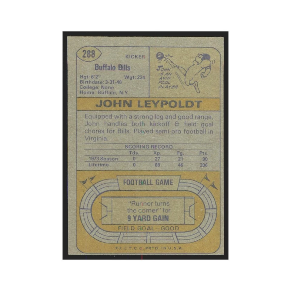 1974 Topps John Leypoldt Bills #288.0 - Image 2 of 3