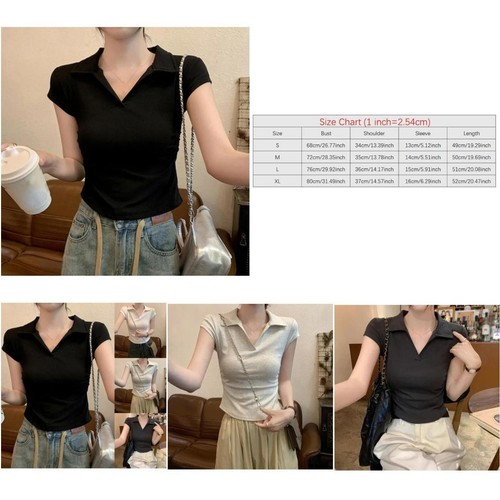 Women's Fashionable Solid Color Short Sleeve Top with Lapel and Waist Cinching - Picture 11 of 16