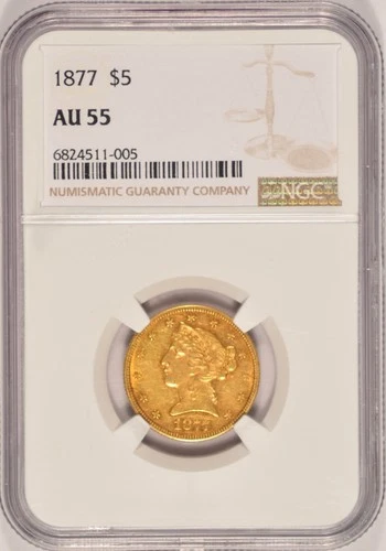 1877 $5 Liberty Gold Half-Eagle NGC AU-55 Pre-33 Gold