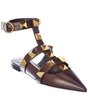 Valentino Roman Stud Leather Ankle Strap Flat Women's Brown 36