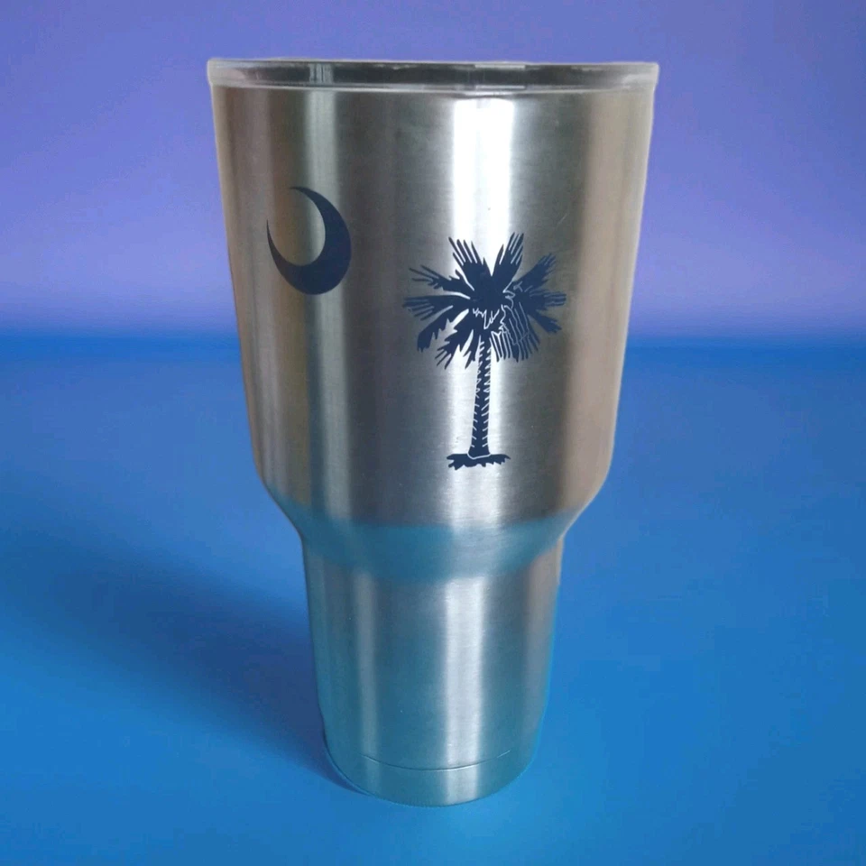 Vaso de bebida 30 OZ Carolina del Sur palma plateada acero inoxidable puerta trasera de playa  Foto 3 de 4