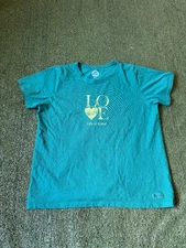 Life is Good Blue Love Heart Cute Graphic short sleeve Crusher Tee Women's XL