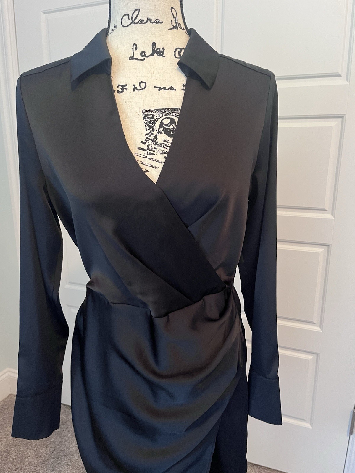 A New Day Black Satin Wrap Dress Long Sleeve V-Neck Collared Size M