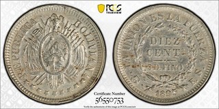 1895 PTS ES Bolivia 10c graduación profesional AU58 fecha rara pop 1/0 de colección 20000