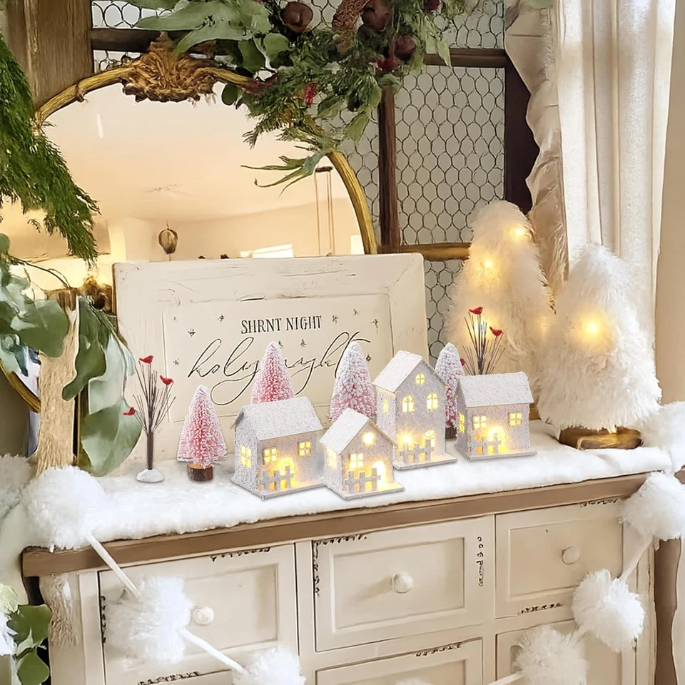 10 peças conjuntos de vila de Natal rosa com luz de chá decorações de Natal 4 aldeias - Imagem 4 de 4