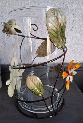 Large Metal Vining Flowers Hurricane Candle Holder With Glass Insert 8in Tall 