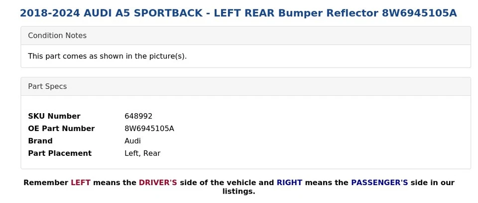 2018-2024 AUDI A5 SPORTBACK - LEFT REAR Bumper Reflector 8W6945105A - Image 4 of 4