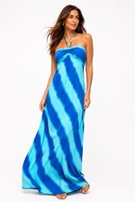 Michael Michael Kors Silk Halter Maxi Dress Blue Aqua Watercolor Stripe Size 6