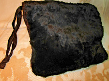 Vintage 1940s BLACK FUR MUFF satin side pockets for hands  TOP POCKET 13x10 EXC