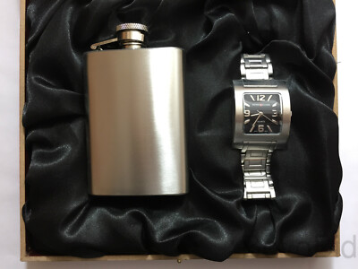 Men's Watch and Flask by Suisse Technik Black Square Face - NEW - FREE SHIPPING