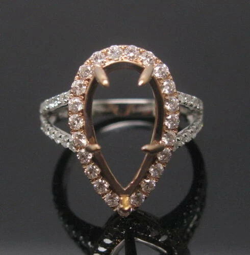 Solid 14K Gold Natural Diamond Semi Mount Split Shank Prong Ring Pear 15x10mm - Image 2 of 4