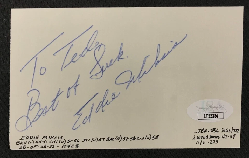 Eddie Miksis Signed 3x5 Index Card JSA (Personal.) AUTO MLB Dodgers/Cubs NICE! - Image 2 of 4