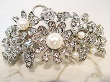 Silver flower shaped pearl and crystal hair barrette clip bridal clip bridal