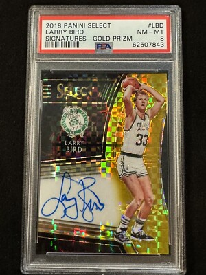 Larry Bird /10 2018-19 Select Gold Prizm Signatures ON CARD Autograph Auto PSA 8