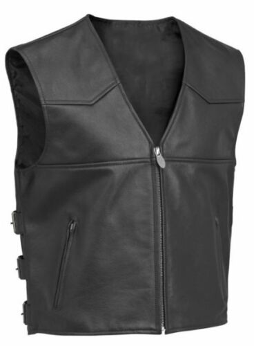Leather Vest Men's Genuine Lambskin Black Side Buckled Zipper Vest - Picture 1 of 3