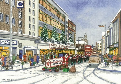 Vintage Oxford Street Swansea im Schnee - Weihnachtskarte - Tony Paultyn