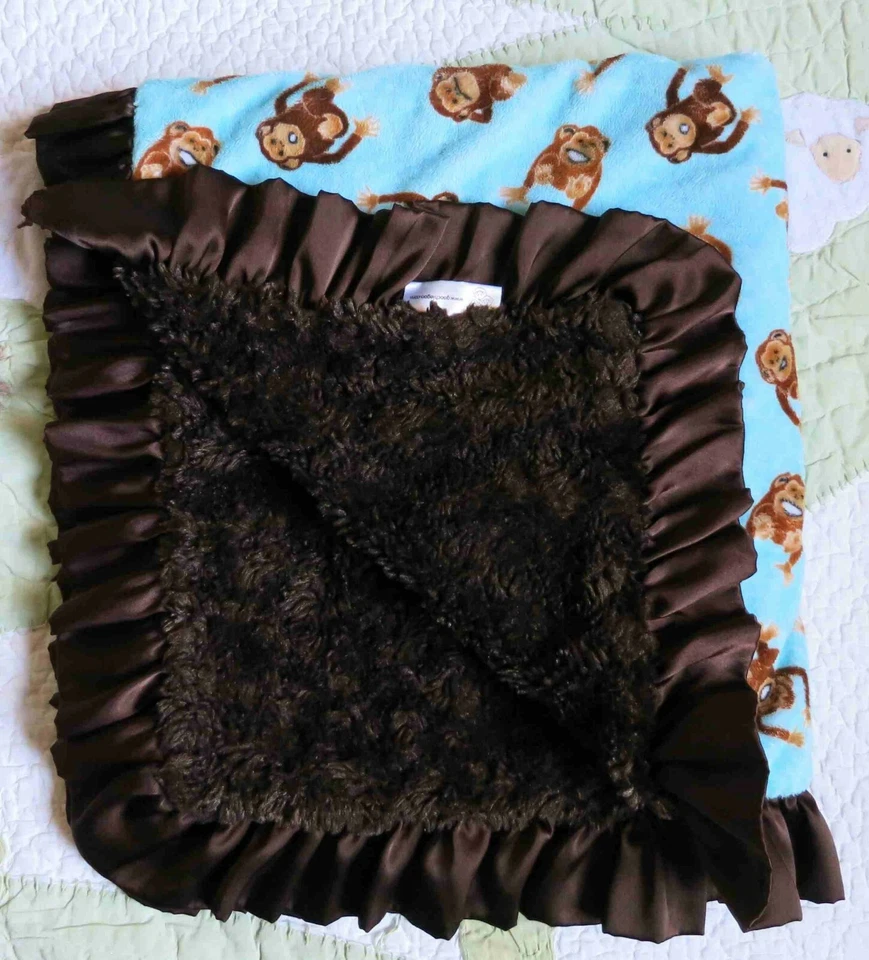 Goochie Goo Garbs Aqua Blue w Monkeys Brown Satin Ruffled Edge Baby Girl Blanket - Image 2 of 3