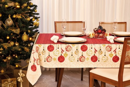 Christmas holiday tablecloth printed mid-century modern theme red, gold cream - Picture 12 of 12