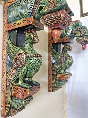 Bird Sculpted Wooden Bracket Corbel Pair Vintage Peacock Statue Ornament Unique