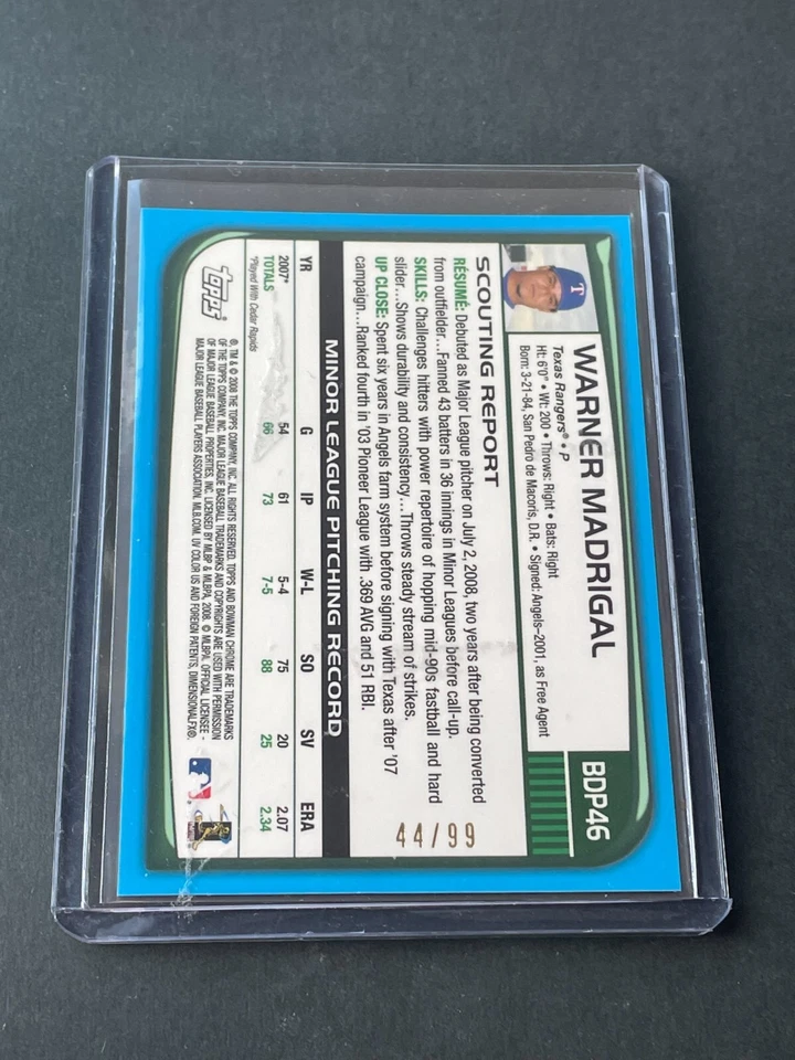 2008 Bowman Chrome DRAFT PICKS Rookie RC WARNER MADRIGAL Blue Refractor /99 - Image 2 of 2