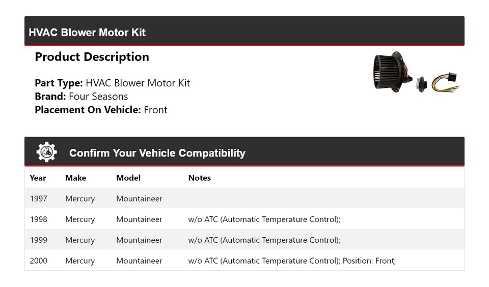 Kit de motor soprador HVAC Mercury Mountaineer 1997-2000 4 estações 1998 1999 - Imagem 2 de 3