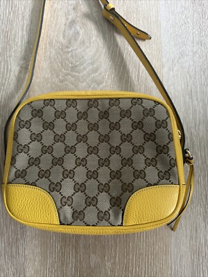 Authentic Bree Crossbody Bag in Ebony GG Canvas & Yellow Leather Trim