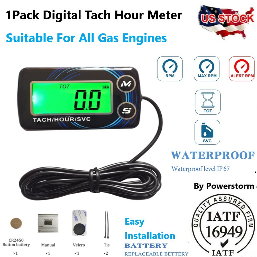 High Accuracy Digital LCD Tach Hour Meter With Reset - For Lawn Mower, Tractor, Generator, Automotive
