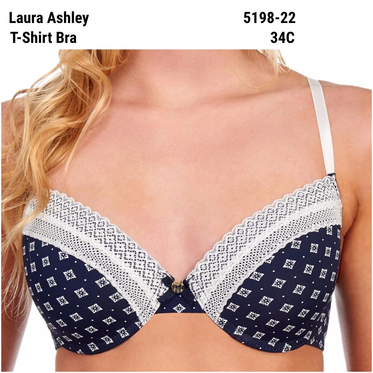 Laura Ashley T-Shirt Bra 34C Lace Geometric Floral Dots Navy Blue Underwire  New