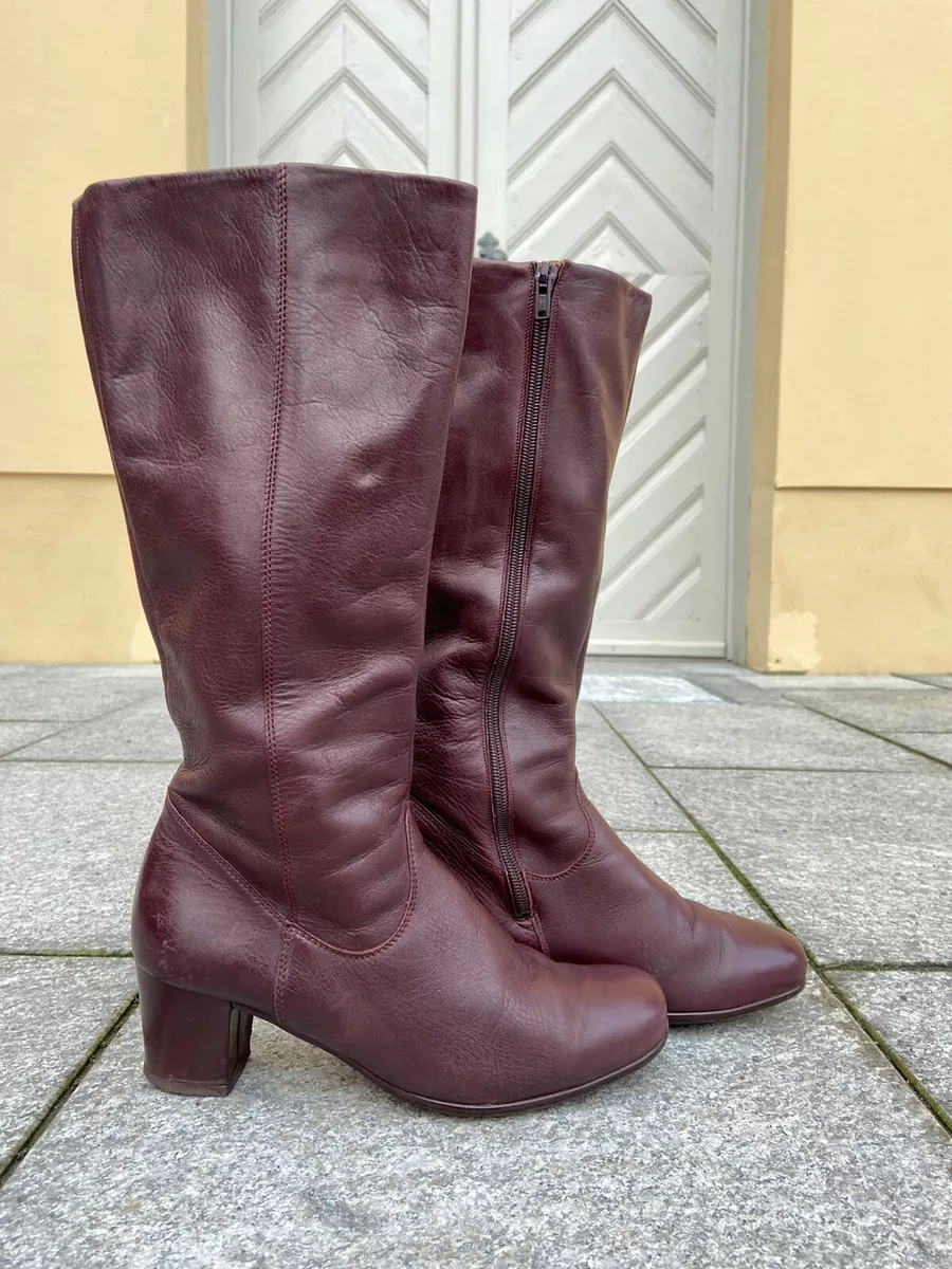 Women's Boots Wide Shaft Burgundy Leather Wine Red 70er True Vintage 70s  Boots