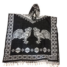 Mexican Pancho Blanket with Hoodie  Jorongo  One Size  Rooster Design Black