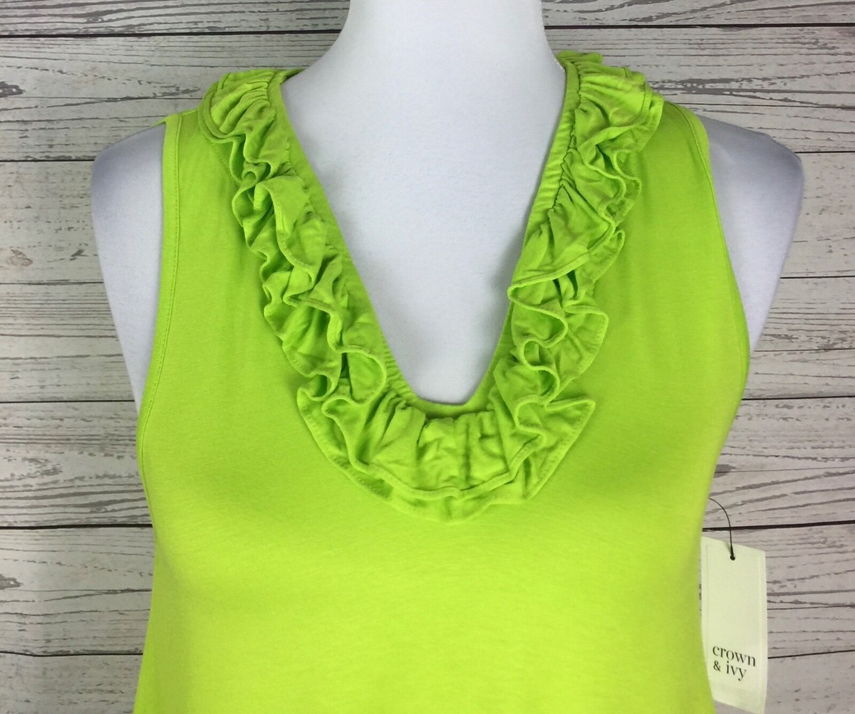 Crown & Ivy Women's Lime Green Sleeveless Ruffle V-Neck