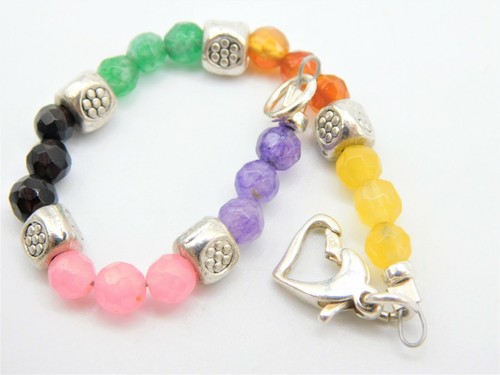 925 Sterling Silver Bracelet Multi Gemstone Heart Clasp Turtle Charm - Picture 9 of 11