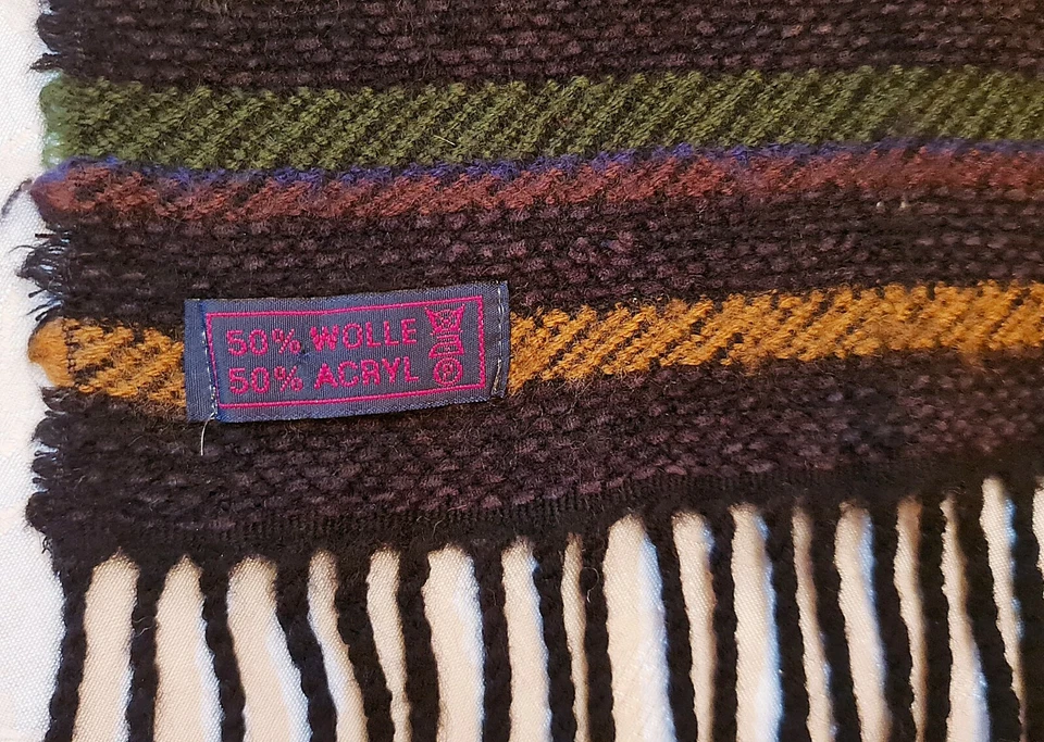 SCARF VINTAGE AUTHENTIC STRIPED GREEN BROWN WOOL BLEND LONG MEN'S FRINGE - Image 3 of 3