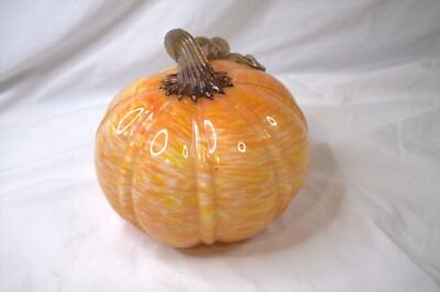 Glass Pumpkin Hand Blown Orange swirl with Curly Stem Halloween decor