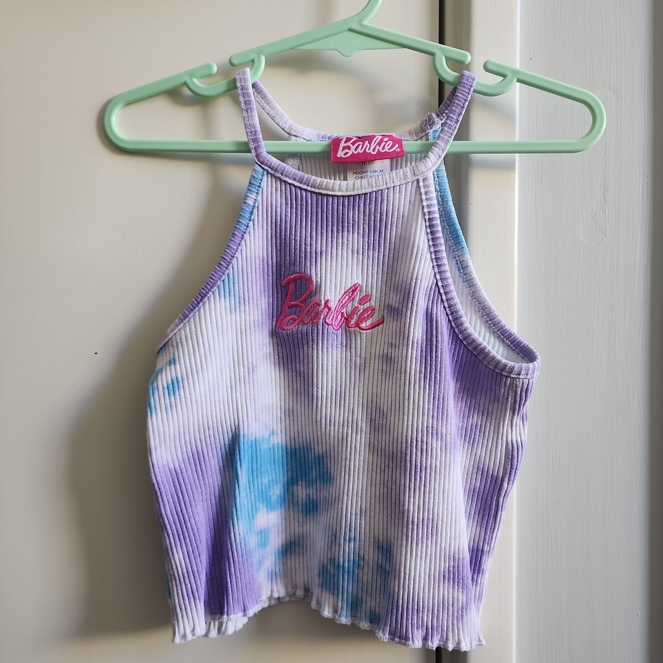 Kids Barbie Fitted Crop Tee Sleeveless Tie Dye Size 5 Purple