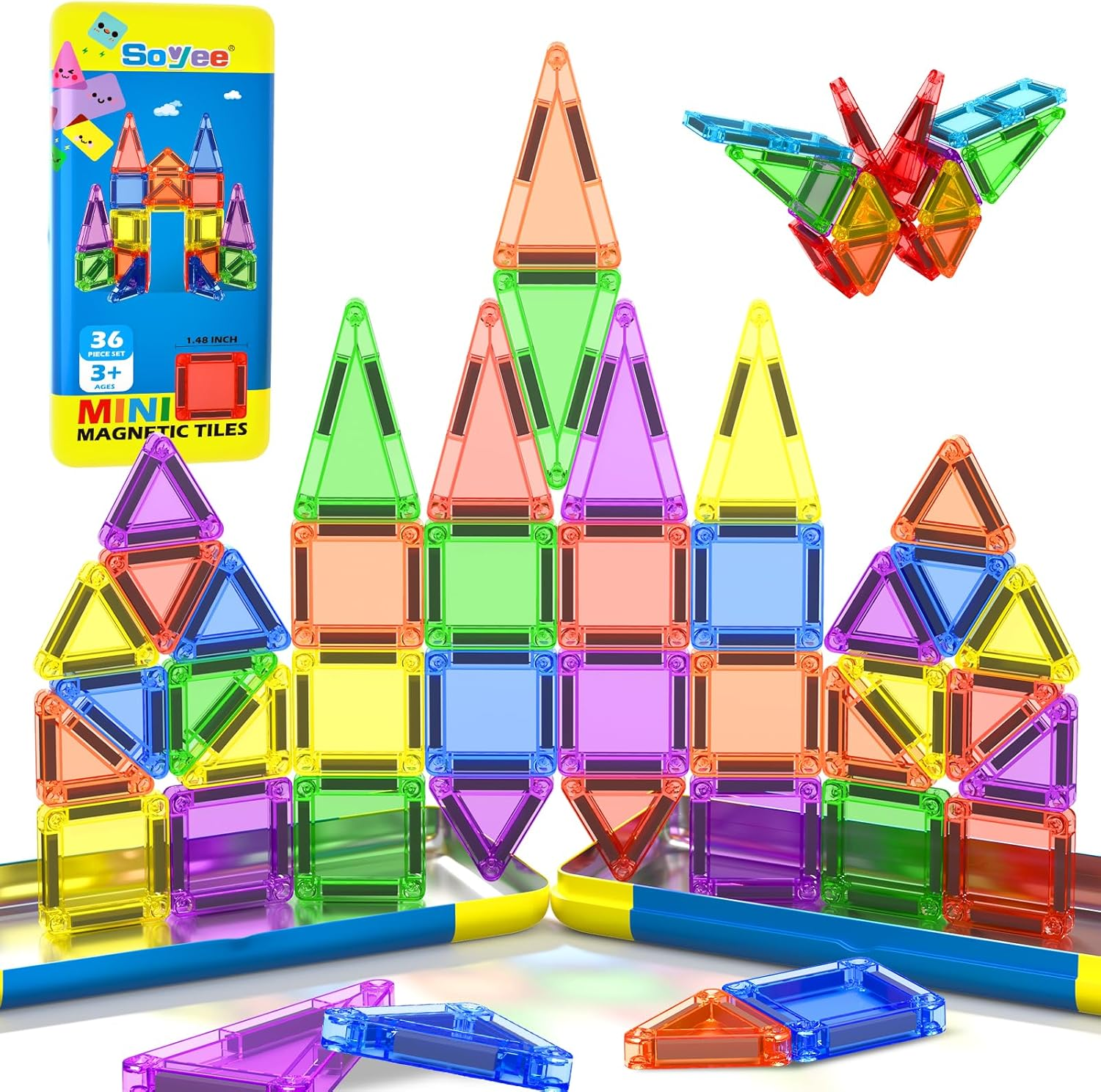 Mini Magnetic Tiles Travel Toddler Toys with Metal Tin Portable STEM Building Ki