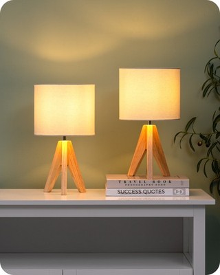 EDISHINE Nachttischlampe 2er Set aus Holz mit Leinenschirm inkl. LED Leuchtmitte