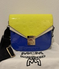 MCM Colorblock Patent Shoulder Bag Logo Embossed Gold Hardware Black Strap