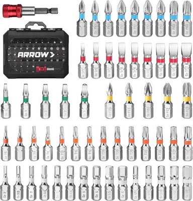 ARROW 59PC 1/4'' Screwdriver Bit Set S2 Steel Color-Coded Bit Magnetic Bit Holder